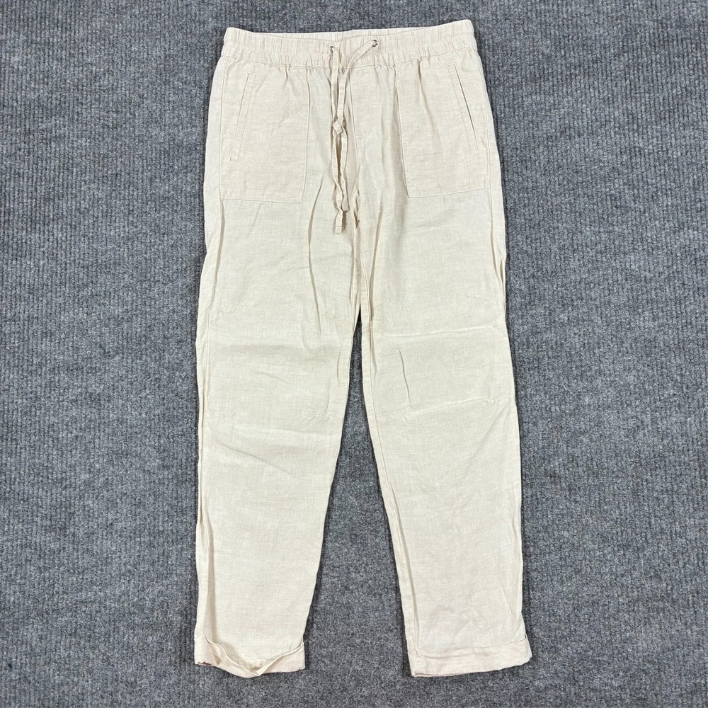 Lord & Taylor Womens Drawstring Ankle Pants Size Small Beige 100% Linen Cuffed